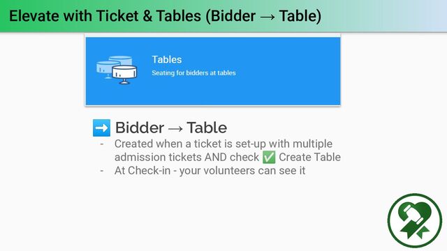 Elevate with Ticket & Tables (Bidder → Table)
➡ Bidder → Table
- Created when a ticket is set-up with multiple
admission tickets AND check ✅ Create Table
- At Check-in - your volunteers can see it
