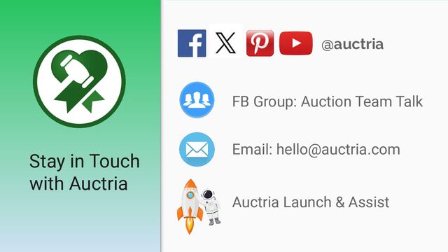 Stay in Touch
with Auctria
@auctria
Email: hello@auctria.com
FB Group: Auction Team Talk
Auctria Launch & Assist
