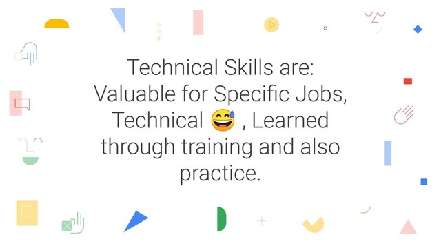 Technical Skills are:
Valuable for Speciﬁc Jobs,
Technical  , Learned
through training and also
practice.
