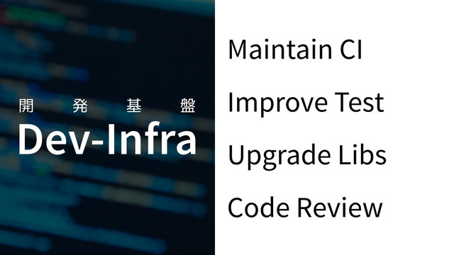 Dev-Infra
Maintain CI
Improve Test
Upgrade Libs
Code Review
開 発 基 盤
