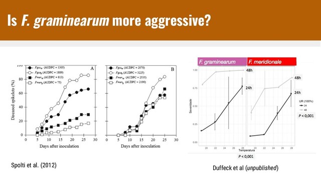 Spolti et al. (2012) Duffeck et al (unpublished)
Is F. graminearum more aggressive?

