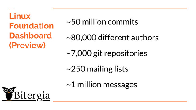 ~50 million commits
~80,000 different authors
~7,000 git repositories
~250 mailing lists
~1 million messages
Linux
Foundation
Dashboard
(Preview)
