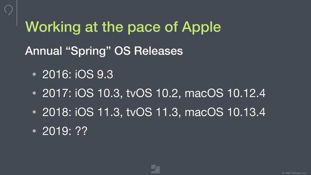 Your logo here
275 x 100 max
To update, double-click
to edit master
© JAMF Software, LLC
Working at the pace of Apple
Annual “Spring” OS Releases
• 2016: iOS 9.3

• 2017: iOS 10.3, tvOS 10.2, macOS 10.12.4

• 2018: iOS 11.3, tvOS 11.3, macOS 10.13.4

• 2019: ??
