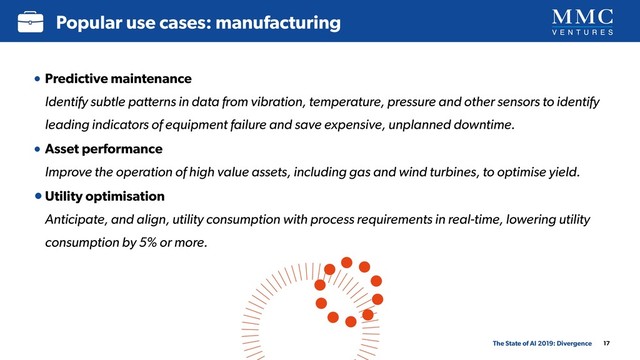 17
Popular use cases: manufacturing
The State of AI 2019: Divergence
• Predictive maintenance 
Identify subtle patterns in data from vibration, temperature, pressure and other sensors to identify
leading indicators of equipment failure and save expensive, unplanned downtime.
• Asset performance 
Improve the operation of high value assets, including gas and wind turbines, to optimise yield.
•Utility optimisation 
Anticipate, and align, utility consumption with process requirements in real-time, lowering utility
consumption by 5% or more.

