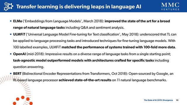 52
Transfer learning is delivering leaps in language AI
The State of AI 2019: Divergence
• ELMo (‘Embeddings from Language Models’, March 2018): improved the state of the art for a broad
range of natural language tasks including Q&A and sentiment analysis.
• ULMFiT (‘Universal Language Model Fine-tuning for Text classiﬁcation’, May 2018): underscored that TL can
be applied to language processing tasks and introduced techniques for ﬁne-tuning language models. With
100 labelled examples, ULMFiT matched the performance of systems trained with 100-fold more data.
• OpenAI (mid-2018): Impressive results on a diverse range of language tasks from a single starting point;
task-agnostic model outperformed models with architectures crafted for speciﬁc tasks including
question answering.
• BERT (Bidirectional Encoder Representations from Transformers, Oct 2018): Open-sourced by Google, an
RL-based language processor achieved state-of-the-art results on 11 natural language benchmarks.
