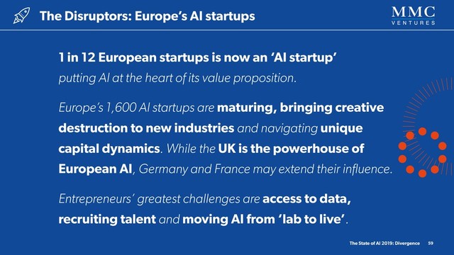 1 in 12 European startups is now an ‘AI startup’ 
putting AI at the heart of its value proposition.
Europe’s 1,600 AI startups are maturing, bringing creative
destruction to new industries and navigating unique
capital dynamics. While the UK is the powerhouse of
European AI, Germany and France may extend their inﬂuence.
Entrepreneurs’ greatest challenges are access to data,
recruiting talent and moving AI from ‘lab to live’.
The Disruptors: Europe’s AI startups
The State of AI 2019: Divergence 59
