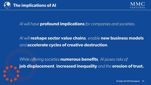 The implications of AI
The State of AI 2019: Divergence 84
AI will have profound implications for companies and societies.
AI will reshape sector value chains, enable new business models
and accelerate cycles of creative destruction.
While oﬀering societies numerous beneﬁts, AI poses risks of 
job displacement, increased inequality and the erosion of trust.
