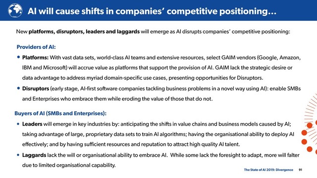 New platforms, disruptors, leaders and laggards will emerge as AI disrupts companies’ competitive positioning:
Providers of AI:
• Platforms: With vast data sets, world-class AI teams and extensive resources, select GAIM vendors (Google, Amazon,
IBM and Microsoft) will accrue value as platforms that support the provision of AI. GAIM lack the strategic desire or
data advantage to address myriad domain-speciﬁc use cases, presenting opportunities for Disruptors.
• Disruptors (early stage, AI-ﬁrst software companies tackling business problems in a novel way using AI): enable SMBs
and Enterprises who embrace them while eroding the value of those that do not. 
Buyers of AI (SMBs and Enterprises):
• Leaders will emerge in key industries by: anticipating the shifts in value chains and business models caused by AI;
taking advantage of large, proprietary data sets to train AI algorithms; having the organisational ability to deploy AI
eﬀectively; and by having suﬃcient resources and reputation to attract high quality AI talent.
• Laggards lack the will or organisational ability to embrace AI. While some lack the foresight to adapt, more will falter
due to limited organisational capability.
91
AI will cause shifts in companies’ competitive positioning…
The State of AI 2019: Divergence
