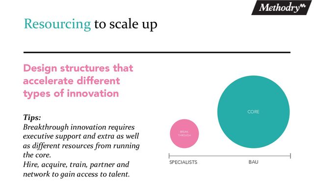 Resourcing to scale up
Design structures that
accelerate different
types of innovation
Tips:
Breakthrough innovation requires
executive support and extra as well
as different resources from running
the core.
Hire, acquire, train, partner and
network to gain access to talent.
CORE
SPECIALISTS BAU
BREAK-
THROUGH
