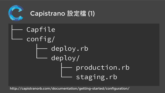 Capistrano 設定檔 (1)
├── Capfile
└── config/
├── deploy.rb
└── deploy/
├── production.rb
└── staging.rb
http://capistranorb.com/documentation/getting-started/configuration/

