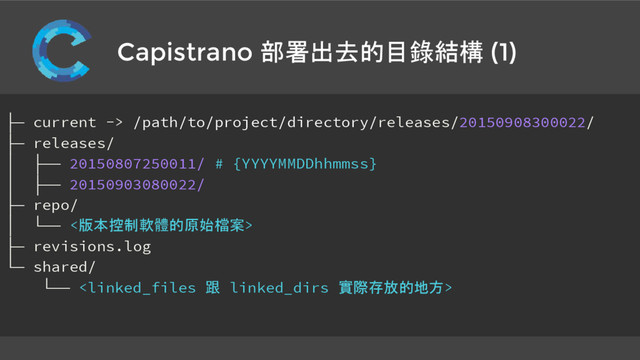 Capistrano 部署出去的目錄結構 (1)
├─ current -> /path/to/project/directory/releases/20150908300022/
├─ releases/
│ ├── 20150807250011/ # {YYYYMMDDhhmmss}
│ ├── 20150903080022/
├─ repo/
│ └── <版本控制軟體的原始檔案>
├─ revisions.log
└─ shared/
└── 
