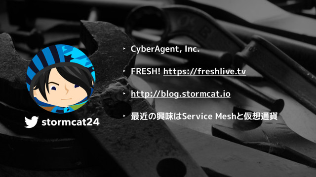 stormcat24
‣ CyberAgent, Inc.
‣ FRESH! https://freshlive.tv
‣ http://blog.stormcat.io
‣ 最近の興味はService Meshと仮想通貨
