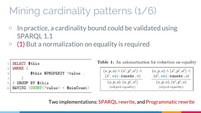 Mining cardinality patterns (1/6)
▷ In practice, a cardinality bound could be validated using
SPARQL 1.1
▷ (1) But a normalization on equality is required
Two implementations: SPARQL rewrite, and Programmatic rewrite
