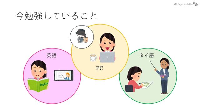 Miki’s presentation
今勉強していること
英語 タイ語
PC
