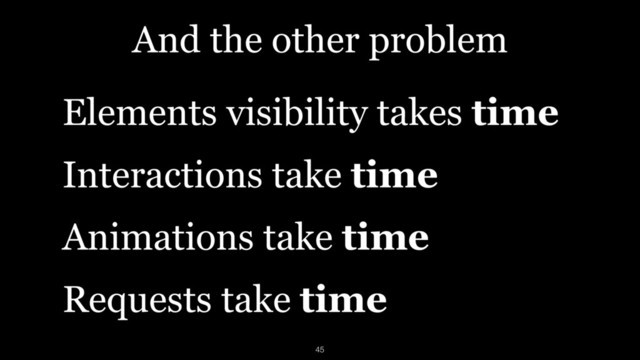 And the other problem
Elements visibility takes time
Interactions take time
Animations take time
Requests take time
45
