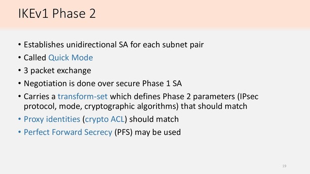 IKEv1 Phase 2
• Establishes unidirectional SA for each subnet pair
• Called Quick Mode
• 3 packet exchange
• Negotiation is done over secure Phase 1 SA
• Carries a transform-set which defines Phase 2 parameters (IPsec
protocol, mode, cryptographic algorithms) that should match
• Proxy identities (crypto ACL) should match
• Perfect Forward Secrecy (PFS) may be used
19
