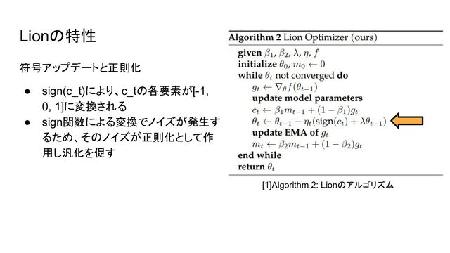 Lionの特性
符号アップデートと正則化
● sign(c_t)により、c_tの各要素が[-1,
0, 1]に変換される
● sign関数による変換でノイズが発生す
るため、そのノイズが正則化として作
用し汎化を促す
[1]Algorithm 2: Lionのアルゴリズム
