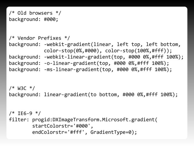 /*	  Old	  browsers	  */
background:	  #000;
/*	  Vendor	  Prefixes	  */
background:	  -­‐webkit-­‐gradient(linear,	  left	  top,	  left	  bottom,	  
	  	  	  	  	  	  	  	  	  	  	  	  color-­‐stop(0%,#000),	  color-­‐stop(100%,#fff));
background:	  -­‐webkit-­‐linear-­‐gradient(top,	  #000	  0%,#fff	  100%);
background:	  -­‐o-­‐linear-­‐gradient(top,	  #000	  0%,#fff	  100%);
background:	  -­‐ms-­‐linear-­‐gradient(top,	  #000	  0%,#fff	  100%);
/*	  W3C	  */
background:	  linear-­‐gradient(to	  bottom,	  #000	  0%,#fff	  100%);
/*	  IE6-­‐9	  */
filter:	  progid:DXImageTransform.Microsoft.gradient(
	  	  	  	  	  	  	  	  startColorstr='#000',
	  	  	  	  	  	  	  	  endColorstr='#fff',	  GradientType=0);
