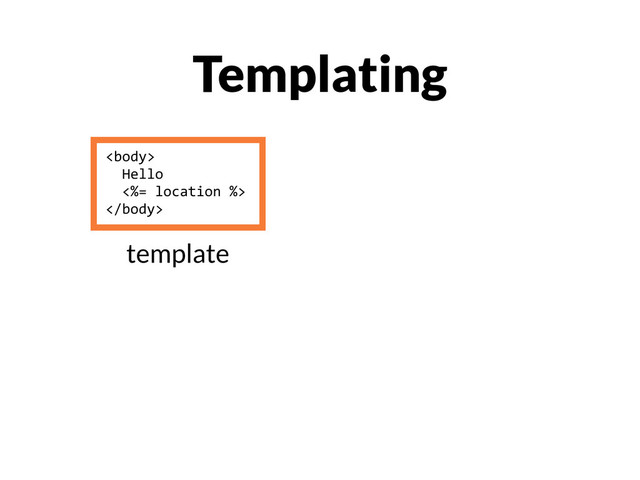 Templating

	  	  Hello
	  	  <%=	  location	  %>

template
