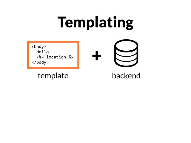 Templating

	  	  Hello
	  	  <%=	  location	  %>

template backend
+
