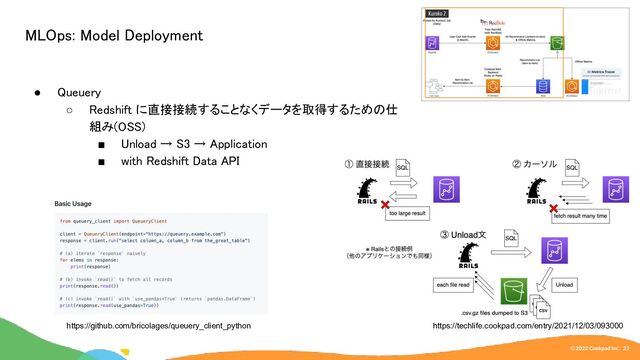 © 2022 Cookpad Inc. 22
MLOps: Model Deployment 
● Queuery 
○ Redshift に直接接続することなくデータを取得するための仕
組み(OSS) 
■ Unload → S3 → Application  
■ with Redshift Data API  
https://techlife.cookpad.com/entry/2021/12/03/093000
https://github.com/bricolages/queuery_client_python

