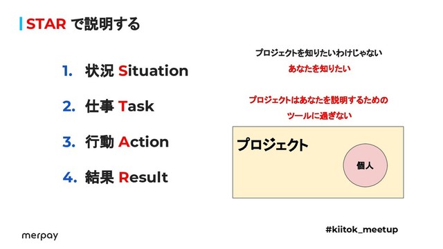 STAR で説明する
1. 状況 Situation
2. 仕事 Task
3. 行動 Action
4. 結果 Result
#kiitok_meetup
　
プロジェクト
個人
プロジェクトを知りたいわけじゃない
あなたを知りたい
プロジェクトはあなたを説明するための
ツールに過ぎない
