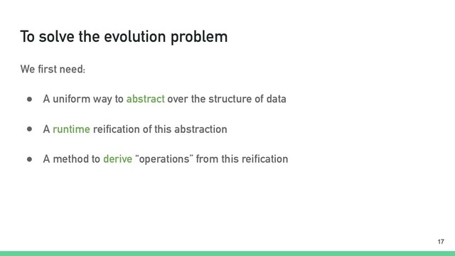 To solve the evolution problem
We first need:
● A uniform way to abstract over the structure of data
● A runtime reification of this abstraction
● A method to derive “operations” from this reification
!17
