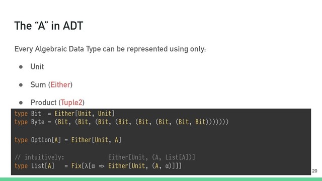 The “A” in ADT
Every Algebraic Data Type can be represented using only:
● Unit
● Sum (Either)
● Product (Tuple2)
● A way to handle recursive types
type Bit = Either[Unit, Unit] 
type Byte = (Bit, (Bit, (Bit, (Bit, (Bit, (Bit, (Bit, Bit))))))) 
 
type Option[A] = Either[Unit, A] 
 
"// intuitively: Either[Unit, (A, List[A])] 
type List[A] = Fix[λ[α "=> Either[Unit, (A, α)]]]
!20
