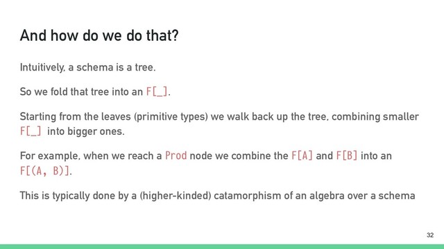 And how do we do that?
Intuitively, a schema is a tree.
So we fold that tree into an F[_].
Starting from the leaves (primitive types) we walk back up the tree, combining smaller
F[_] into bigger ones.
For example, when we reach a Prod node we combine the F[A] and F[B] into an
F[(A, B)].
This is typically done by a (higher-kinded) catamorphism of an algebra over a schema
!32

