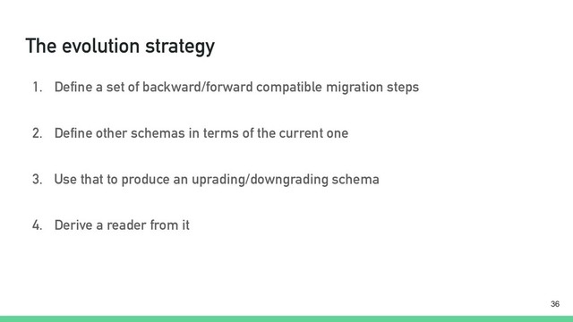 The evolution strategy
1. Define a set of backward/forward compatible migration steps
2. Define other schemas in terms of the current one
3. Use that to produce an uprading/downgrading schema
4. Derive a reader from it
!36
