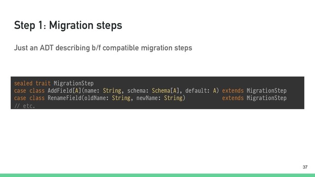 Just an ADT describing b/f compatible migration steps
Step 1: Migration steps
sealed trait MigrationStep 
case class AddField[A](name: String, schema: Schema[A], default: A) extends MigrationStep 
case class RenameField(oldName: String, newName: String) extends MigrationStep
"// etc.
!37
