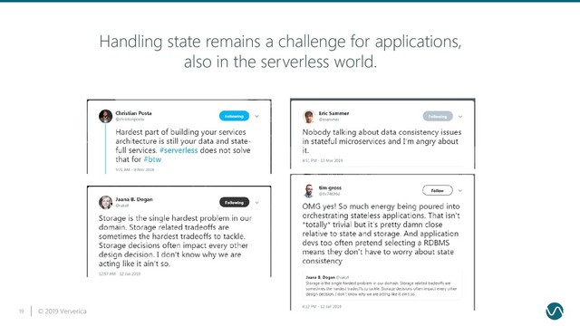 © 2019 Ververica
19
Handling state remains a challenge for applications,
also in the serverless world.

