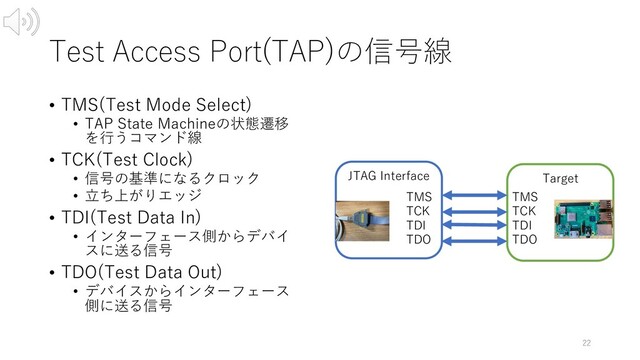 Test Access Port(TAP)の信号線
22
• TMS(Test Mode Select)
• TAP State Machineの状態遷移
を⾏うコマンド線
• TCK(Test Clock)
• 信号の基準になるクロック
• ⽴ち上がりエッジ
• TDI(Test Data In)
• インターフェース側からデバイ
スに送る信号
• TDO(Test Data Out)
• デバイスからインターフェース
側に送る信号
JTAG Interface Target
TMS
TCK
TDI
TDO
TMS
TCK
TDI
TDO
