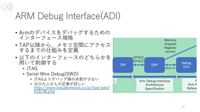 ARM Debug Interface(ADI)
• Armのデバイスをデバッグするための
インターフェース規格
• TAP以降から、メモリ空間にアクセス
するまでの仕組みを定義
• 以下のインターフェースのどちらかを
⽤いて制御する
• JTAG
• Serial Wire Debug(SWD)
• JTAGよりデバッグ線の本数が少ない
• なひたふさんの記事が詳しい
http://www.tokudenkairo.co.jp/jtag/adv2
018/08.php
54
