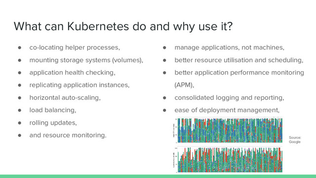 What can Kubernetes do and why use it?
● co-locating helper processes,
● mounting storage systems (volumes),
● application health checking,
● replicating application instances,
● horizontal auto-scaling,
● load balancing,
● rolling updates,
● and resource monitoring.
● manage applications, not machines,
● better resource utilisation and scheduling,
● better application performance monitoring
(APM),
● consolidated logging and reporting,
● ease of deployment management,
Source:
Google
