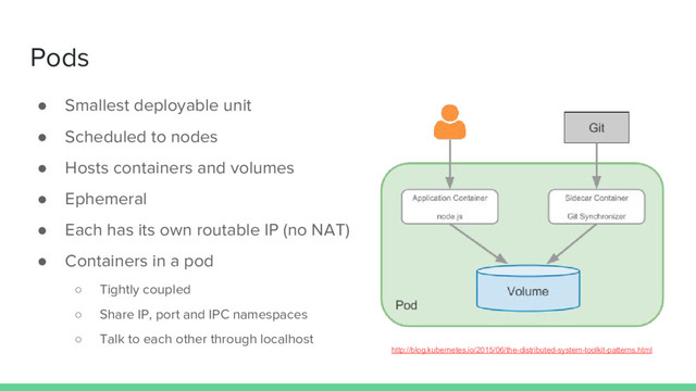 Pods
● Smallest deployable unit
● Scheduled to nodes
● Hosts containers and volumes
● Ephemeral
● Each has its own routable IP (no NAT)
● Containers in a pod
○ Tightly coupled
○ Share IP, port and IPC namespaces
○ Talk to each other through localhost
http://blog.kubernetes.io/2015/06/the-distributed-system-toolkit-patterns.html
