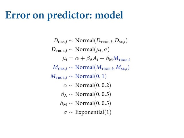 Error on predictor: model
  .*44*/( %"5" "/% 05)&3 0110356/*5*&4
GPS NBSSJBHF SBUF 3 )FSFT UIF VQEBUFE NPEFM XJUI UIF OFX CJUT JO CMV
%ļįŀ,J ∼ /PSNBM(%ŁĿłĲ,J, %ŀĲ,J) [distributio
%ŁĿłĲ,J ∼ /PSNBM(µJ, σ) [distr
µJ = α + β"
"J + β.
.ŁĿłĲ,J
.ļįŀ,J ∼ /PSNBM(.ŁĿłĲ,J, .ŀĲ,J) [distribution
.ŁĿłĲ,J ∼ /PSNBM(, ) [distri
α ∼ /PSNBM(, .)
β" ∼ /PSNBM(, .)
β. ∼ /PSNBM(, .)
σ ∼ &YQPOFOUJBM()
ćF .ŁĿłĲ
QBSBNFUFST XJMM IPME UIF QPTUFSJPS EJTUSJCVUJPOT PG UIF USVF
ĕUUJOH UIF NPEFM JT NVDI MJLF CFGPSF
