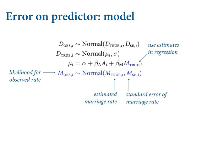 Error on predictor: model
  .*44*/( %"5" "/% 05)&3 0110356/*5*&4
GPS NBSSJBHF SBUF 3 )FSFT UIF VQEBUFE NPEFM XJUI UIF OFX CJUT JO CMV
%ļįŀ,J ∼ /PSNBM(%ŁĿłĲ,J, %ŀĲ,J) [distributio
%ŁĿłĲ,J ∼ /PSNBM(µJ, σ) [distr
µJ = α + β"
"J + β.
.ŁĿłĲ,J
.ļįŀ,J ∼ /PSNBM(.ŁĿłĲ,J, .ŀĲ,J) [distribution
.ŁĿłĲ,J ∼ /PSNBM(, ) [distri
α ∼ /PSNBM(, .)
β" ∼ /PSNBM(, .)
β. ∼ /PSNBM(, .)
σ ∼ &YQPOFOUJBM()
ćF .ŁĿłĲ
QBSBNFUFST XJMM IPME UIF QPTUFSJPS EJTUSJCVUJPOT PG UIF USVF
ĕUUJOH UIF NPEFM JT NVDI MJLF CFGPSF
use estimates
in regression
estimated
marriage rate
standard error of
marriage rate
likelihood for
observed rate

