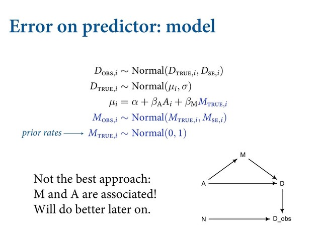Error on predictor: model
  .*44*/( %"5" "/% 05)&3 0110356/*5*&4
GPS NBSSJBHF SBUF 3 )FSFT UIF VQEBUFE NPEFM XJUI UIF OFX CJUT JO CMV
%ļįŀ,J ∼ /PSNBM(%ŁĿłĲ,J, %ŀĲ,J) [distributio
%ŁĿłĲ,J ∼ /PSNBM(µJ, σ) [distr
µJ = α + β"
"J + β.
.ŁĿłĲ,J
.ļįŀ,J ∼ /PSNBM(.ŁĿłĲ,J, .ŀĲ,J) [distribution
.ŁĿłĲ,J ∼ /PSNBM(, ) [distri
α ∼ /PSNBM(, .)
β" ∼ /PSNBM(, .)
β. ∼ /PSNBM(, .)
σ ∼ &YQPOFOUJBM()
ćF .ŁĿłĲ
QBSBNFUFST XJMM IPME UIF QPTUFSJPS EJTUSJCVUJPOT PG UIF USVF
ĕUUJOH UIF NPEFM JT NVDI MJLF CFGPSF
prior rates
Not the best approach:
M and A are associated!
Will do better later on.
23 24 25 26 27 28 29
4
Median age marriage
0 1
4
log popu
'ĶĴłĿĲ ƉƍƉ -Fę %JWPSDF SBUF CZ NFEJBO BHF PG NBSSJBHF 4
6OJUFE 4UBUFT 7FSUJDBM CBST TIPX QMVT BOE NJOVT POF TUBOEBS
PG UIF (BVTTJBO VODFSUBJOUZ JO NFBTVSFE EJWPSDF SBUF 3JHIU %
BHBJO XJUI TUBOEBSE EFWJBUJPOT BHBJOTU MPH QPQVMBUJPO PG FBDI 4U
4UBUFT QSPEVDF NPSF VODFSUBJO FTUJNBUFT
QSPDFTT JUTFMG XIFSF UIF NFBTVSFNFOU FSSPS BSJTFT *U JT KVTU QBSU PG UIF T
MJLFXJTF QBSU PG UIF DBVTBM NPEFM
3FDBMM UIF DBVTBM NPEFM PG UIF EJWPSDF FYBNQMF GSPN $IBQUFS 
NPEFM BOE OPX BEE PCTFSWBUJPO FSSPS PO UIF PVUDPNF
A D
D_obs
M
N
ćFSFT B MPU HPJOH PO IFSF #VU XF DBO QSPDFFE POF TUFQ BU B UJNF ć
