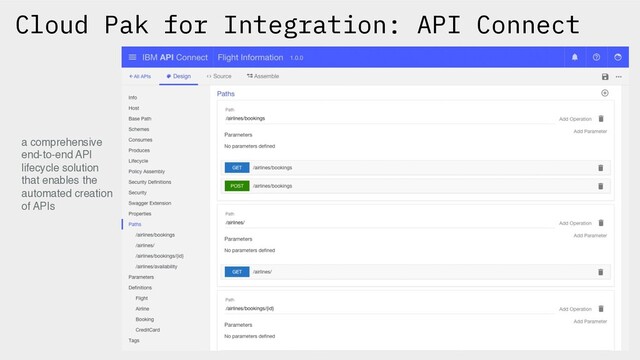 Cloud Pak for Integration: API Connect
a comprehensive
end-to-end API
lifecycle solution
that enables the
automated creation
of APIs
