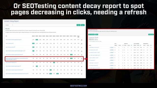 COUNTERINTUITIVE SEO BY @ALEYDA FROM ORAINTI AT #BARBADOSSEO
Or SEOTesting content decay report to spot
 
pages decreasing in clicks, needing a refresh
SEOTESTING. COM
