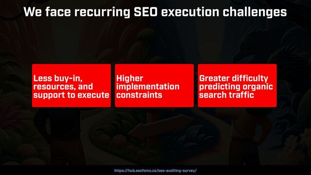 COUNTERINTUITIVE SEO BY @ALEYDA FROM ORAINTI AT #BARBADOSSEO
We face recurring SEO execution challenges
Less buy-in,
resources, and
support to execute
Higher
implementation
constraints
Greater difficulty
predicting organic
search traffic
https://hub.seofomo.co/seo-auditing-survey/
