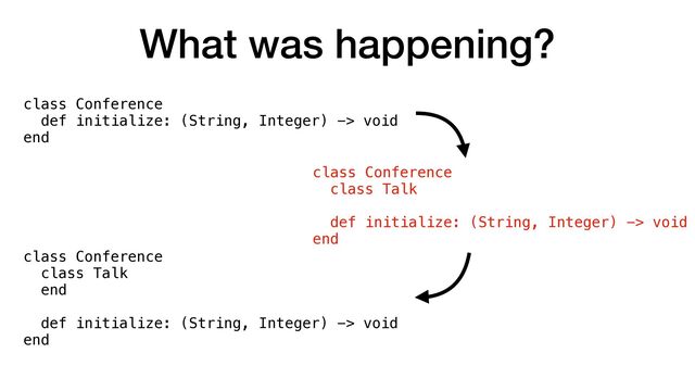 What was happening?
class Conference


def initialize: (String, Integer) -> void


end
class Conference


class Talk


def initialize: (String, Integer) -> void


end
class Conference


class Talk


end


def initialize: (String, Integer) -> void


end

