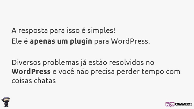 A resposta para isso é simples!
Ele é apenas um plugin para WordPress.
Diversos problemas já estão resolvidos no
WordPress e você não precisa perder tempo com
coisas chatas
