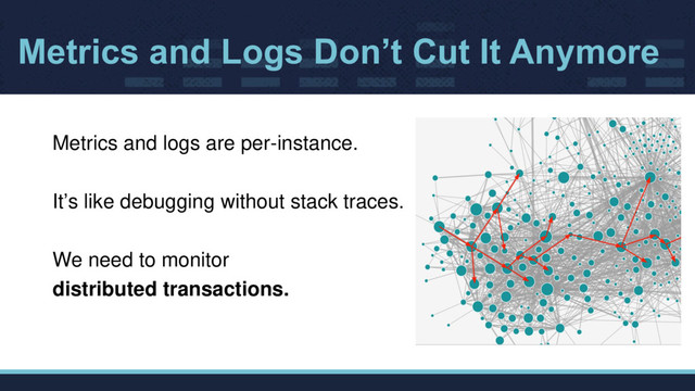 Metrics and Logs Don’t Cut It Anymore
Metrics and logs are per-instance.
It’s like debugging without stack traces.
We need to monitor
distributed transactions.
