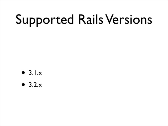 Supported Rails Versions
• 3.1.x
• 3.2.x
