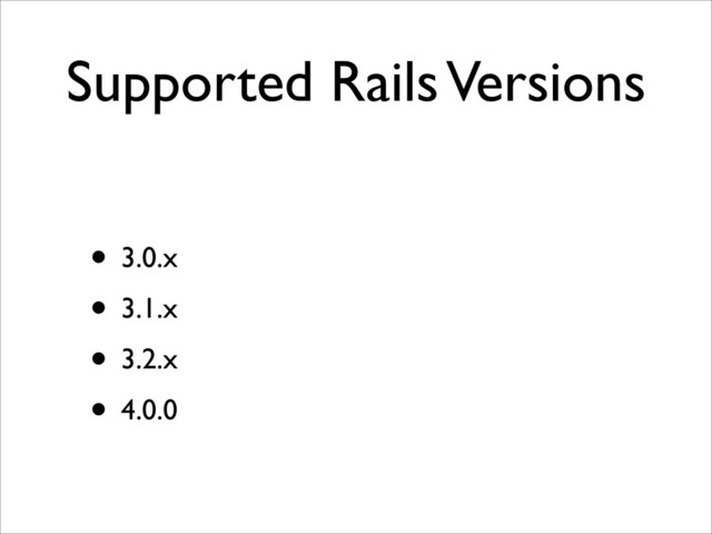 Supported Rails Versions
• 3.0.x
• 3.1.x
• 3.2.x
• 4.0.0
