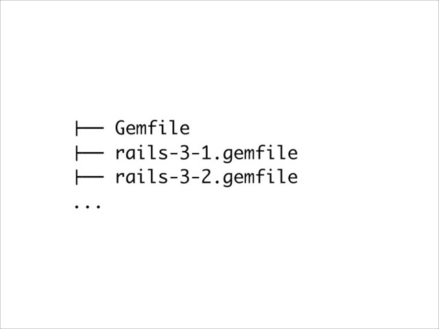 !"" Gemfile
!"" rails-3-1.gemfile
!"" rails-3-2.gemfile
...
