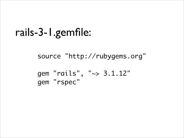 rails-3-1.gemﬁle:
source "http://rubygems.org"
gem "rails", "~> 3.1.12"
gem "rspec"
