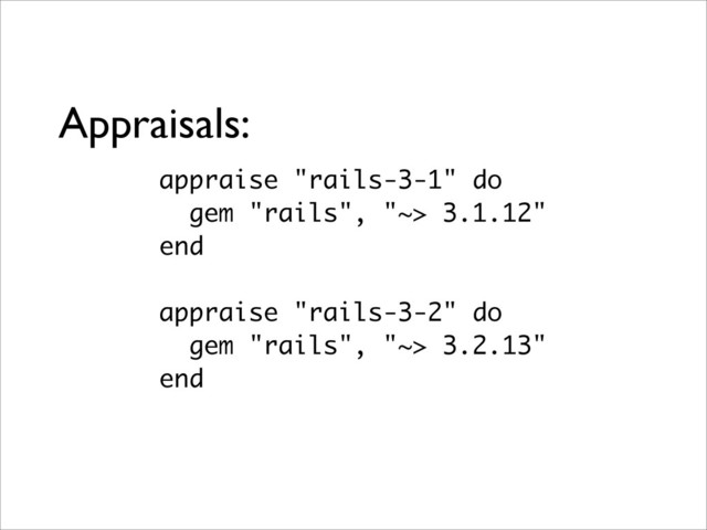 Appraisals:
appraise "rails-3-1" do
gem "rails", "~> 3.1.12"
end
appraise "rails-3-2" do
gem "rails", "~> 3.2.13"
end
